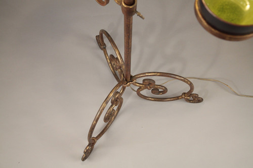 Tripod lampstand with blue ceramic figure