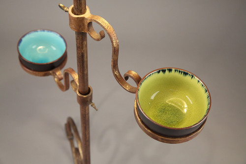 Tripod lampstand with blue ceramic figure