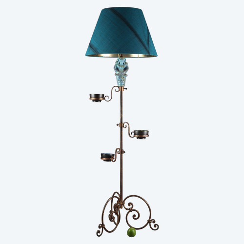 Tripod lampstand with blue ceramic figure