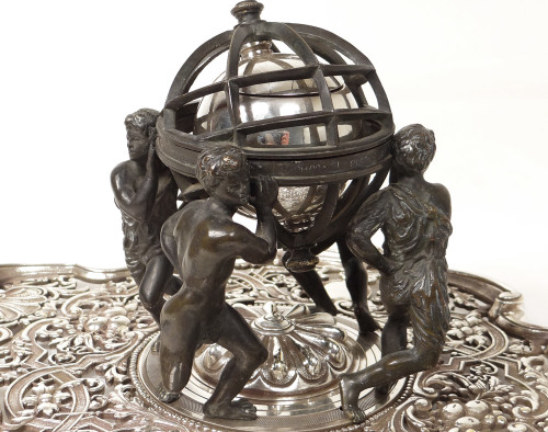 Encrier Bronze Sphère Armillaire Personnages Continents Lerolle Frères XIXè