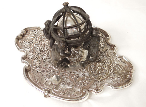 Encrier Bronze Sphère Armillaire Personnages Continents Lerolle Frères XIXè