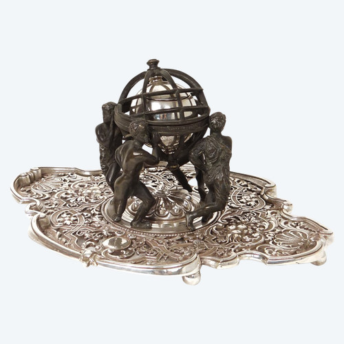 Encrier Bronze Sphère Armillaire Personnages Continents Lerolle Frères XIXè
