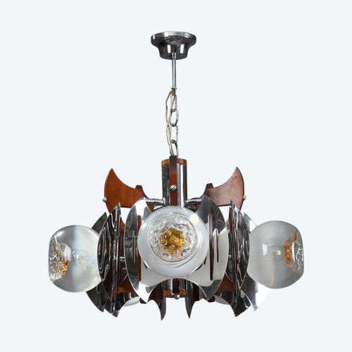Lampadario MAZZEGA in legno, cromo e vetro di Murano