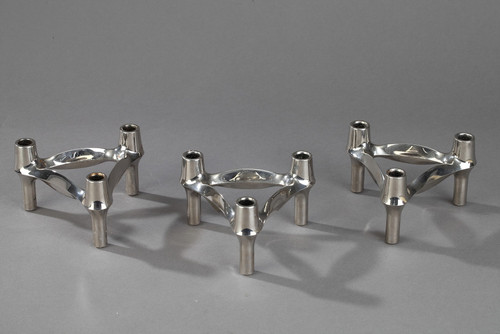 Set of 3 Chrome-Plated Metal Candlesticks by BMF