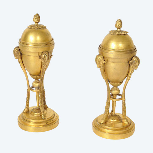 Paire Cassolettes Bougeoirs Bronze Doré Béliers Napoléon III XIXème