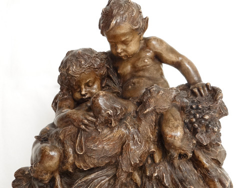 Sculpture Terre Cuite Charles Perron Jeunes Faunes Satyres Chèvre XIXème