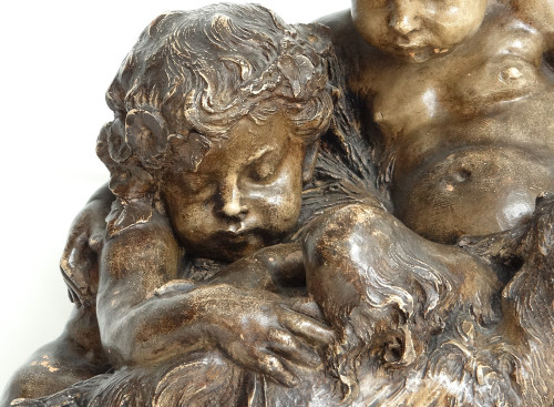 Sculpture Terre Cuite Charles Perron Jeunes Faunes Satyres Chèvre XIXème