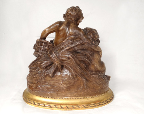 Sculpture Terre Cuite Charles Perron Jeunes Faunes Satyres Chèvre XIXème