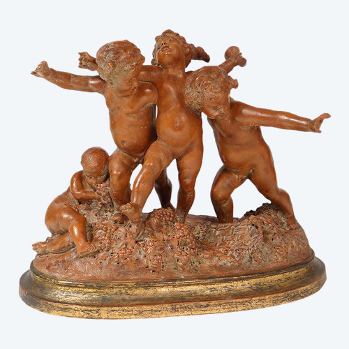 Grande Sculpture Carrier-Belleuse Terre Cuite Bacchanale Putti Dansant XIXè
