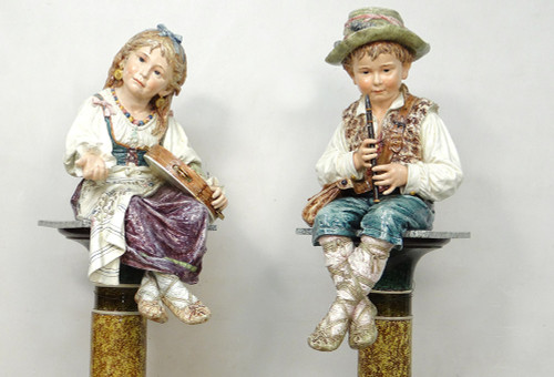 Sculptures Faïence Majolique Wilhelm Schiller Enfants Gitans Autriche 160cm