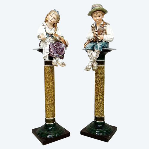 Sculptures Faïence Majolique Wilhelm Schiller Enfants Gitans Autriche 160cm