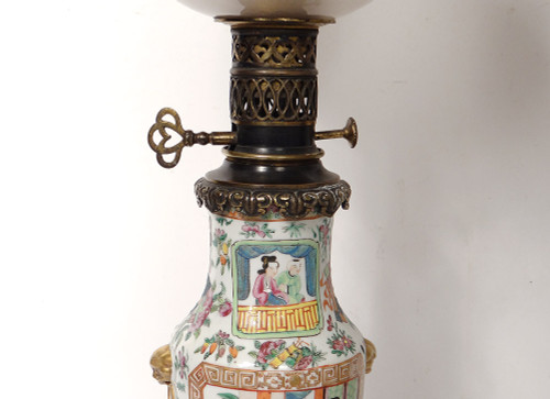 Paire Lampes Pétrole Porcelaine Canton Boule Cristal Saint-Louis Bronze 19è
