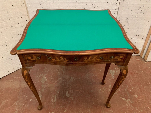 Tavolo da gioco in stile Luigi XV con intarsio olandese, console del XIX secolo