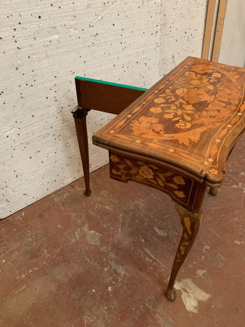 Tavolo da gioco in stile Luigi XV con intarsio olandese, console del XIX secolo