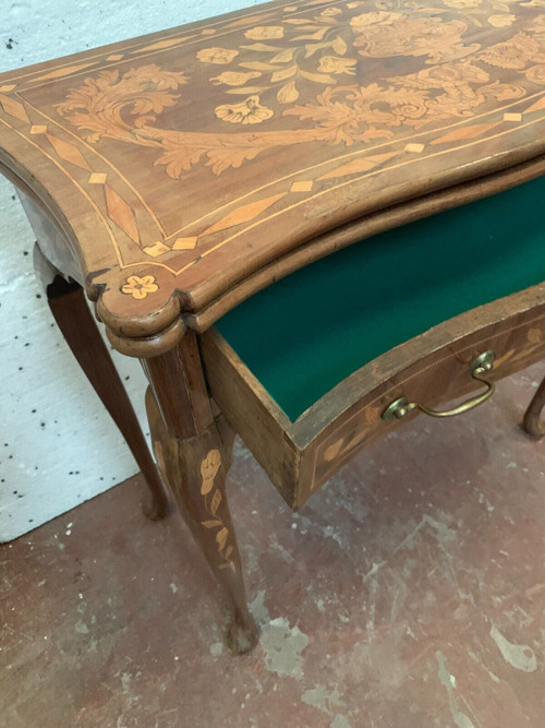 Tavolo da gioco in stile Luigi XV con intarsio olandese, console del XIX secolo