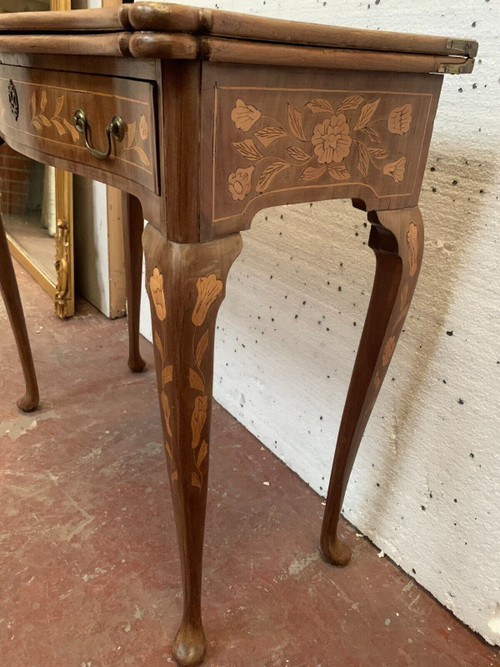 Tavolo da gioco in stile Luigi XV con intarsio olandese, console del XIX secolo