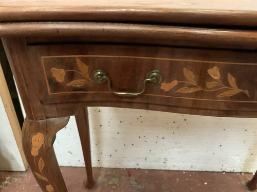 Tavolo da gioco in stile Luigi XV con intarsio olandese, console del XIX secolo