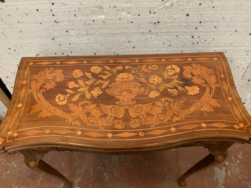 Tavolo da gioco in stile Luigi XV con intarsio olandese, console del XIX secolo