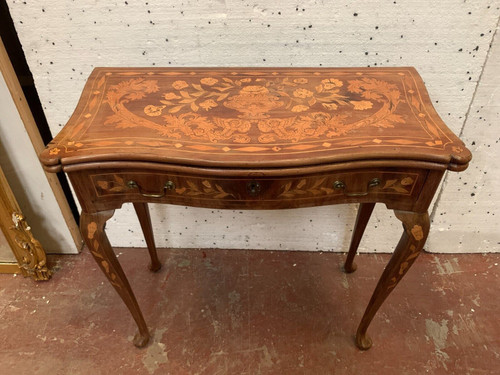 Tavolo da gioco in stile Luigi XV con intarsio olandese, console del XIX secolo