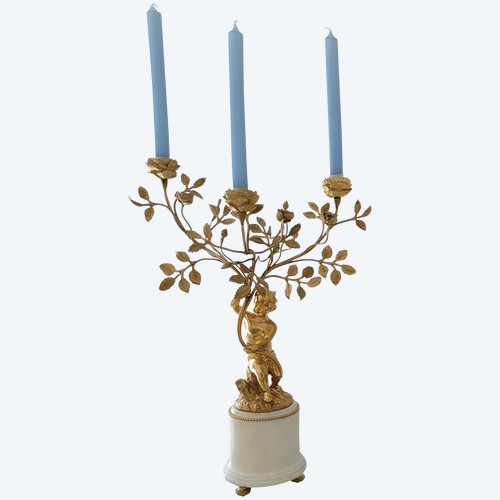 Grande Candeliere Candelabro in bronzo dorato e marmo di Carrara Napoleone III III Vittoriano XIX Secolo - (possibilità di coppia)