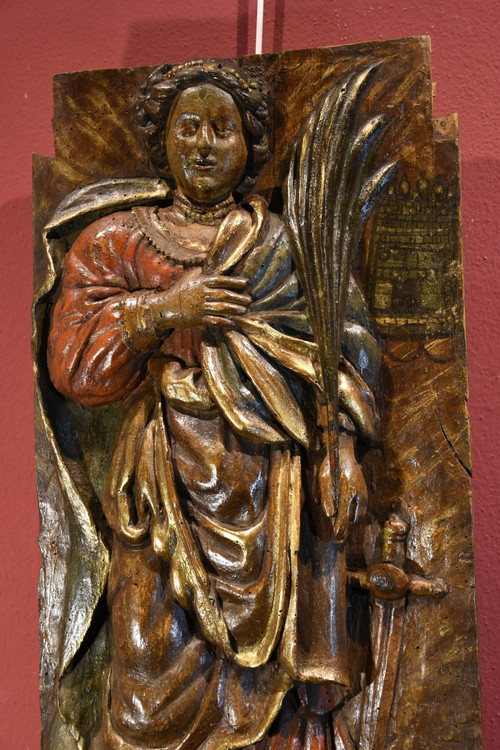 Haut-relief en bois 'Sainte-Barbe', Sud De La France 16e/17e Siècle