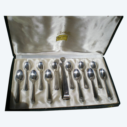 Christofle box: 12 espresso spoons + sugar tongs, Coquille Bérain model, silver-plated metal