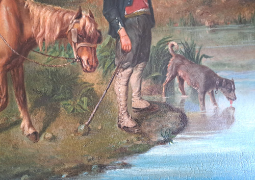Gemälde Jäger und sein Hund am Fluss, signiert Eugenie Vassa... Ende des 19. Jahrhunderts