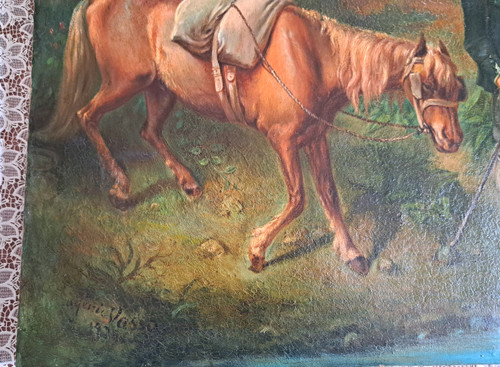 Gemälde Jäger und sein Hund am Fluss, signiert Eugenie Vassa... Ende des 19. Jahrhunderts