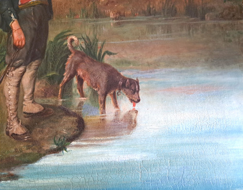 Gemälde Jäger und sein Hund am Fluss, signiert Eugenie Vassa... Ende des 19. Jahrhunderts