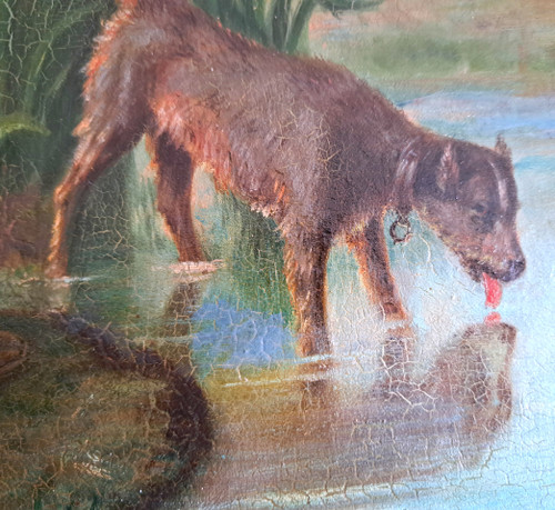 Gemälde Jäger und sein Hund am Fluss, signiert Eugenie Vassa... Ende des 19. Jahrhunderts