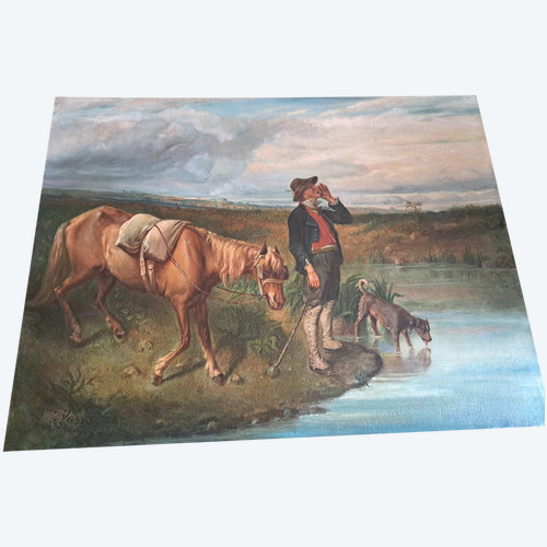 Gemälde Jäger und sein Hund am Fluss, signiert Eugenie Vassa... Ende des 19. Jahrhunderts