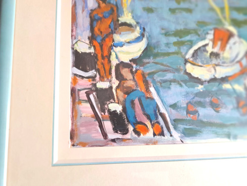 Gouache painting on paper beach scene signed Henri Chapeau mid-20th century