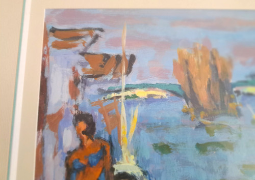 Gouache painting on paper beach scene signed Henri Chapeau mid-20th century