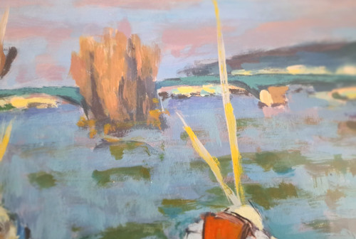 Gouache painting on paper beach scene signed Henri Chapeau mid-20th century