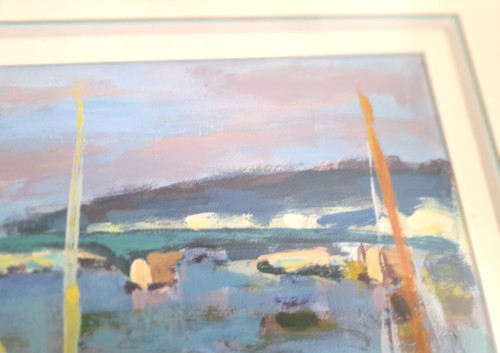 Gouache painting on paper beach scene signed Henri Chapeau mid-20th century