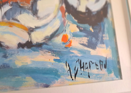 Gouache painting on paper beach scene signed Henri Chapeau mid-20th century
