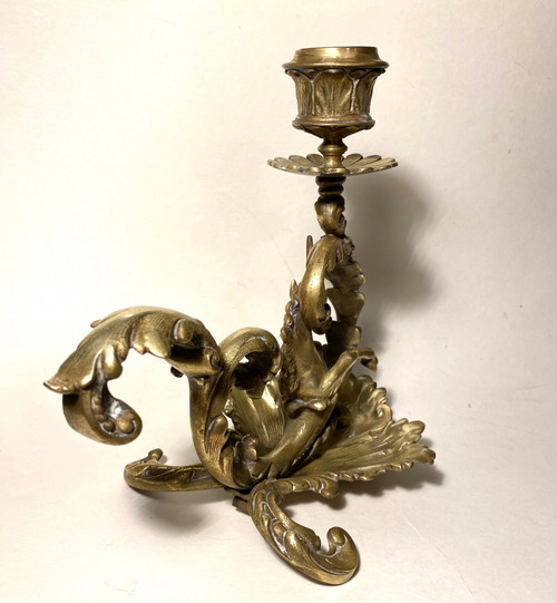 Pair of 19th century bronze candlesticks. Sea unicorns.