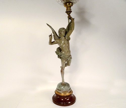 Lampe à Pétrole Sculpture G. Bareau Gloria Femme Ailée Cristal Marbre XIXè