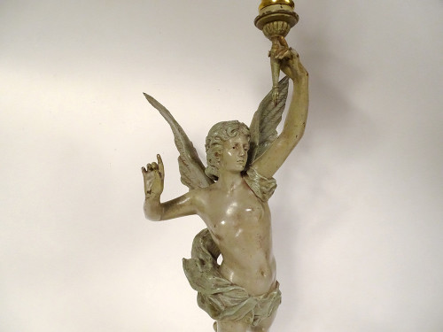 Lampe à Pétrole Sculpture G. Bareau Gloria Femme Ailée Cristal Marbre XIXè