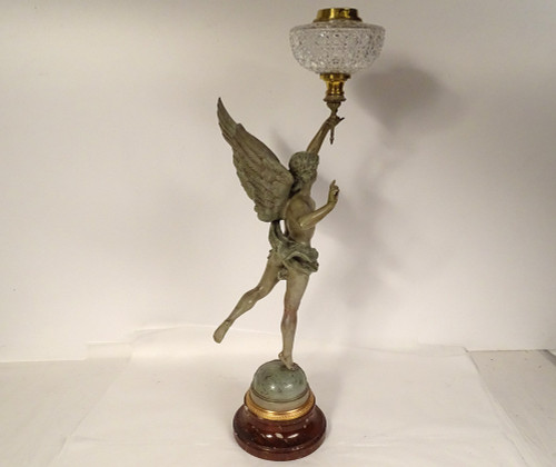 Lampe à Pétrole Sculpture G. Bareau Gloria Femme Ailée Cristal Marbre XIXè