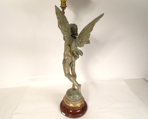 Lampe à Pétrole Sculpture G. Bareau Gloria Femme Ailée Cristal Marbre XIXè