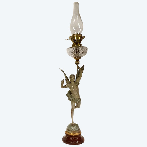 Lampe à Pétrole Sculpture G. Bareau Gloria Femme Ailée Cristal Marbre XIXè