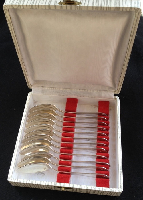 Box of 12 mocha/espresso spoons in silver metal goldsmith Bel (Toulouse)