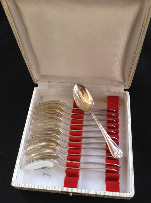 Box of 12 mocha/espresso spoons in silver metal goldsmith Bel (Toulouse)