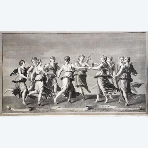 Mythological Etching  Engraving Apollo And The Muses By Raphael Urbain Massard 19th C Old Print
