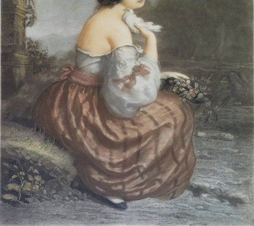 Ritratto di donna romantica d'après André Jules Incisione ad acquerello del XIX secolo
