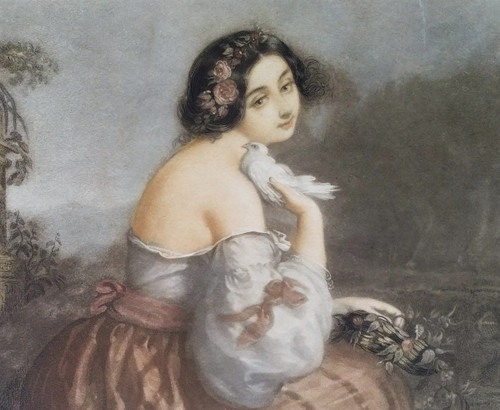 Ritratto di donna romantica d'après André Jules Incisione ad acquerello del XIX secolo