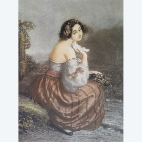 Ritratto di donna romantica d'après André Jules Incisione ad acquerello del XIX secolo