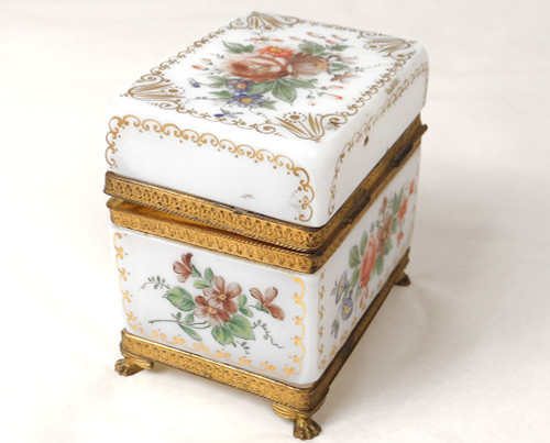 Gift Box White Opaline Gilding Flowers Golden Brass Charles X 19th