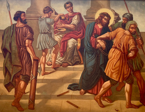 Sehr großes religiöses Gemälde Jesus erscheint vor Kaiphas